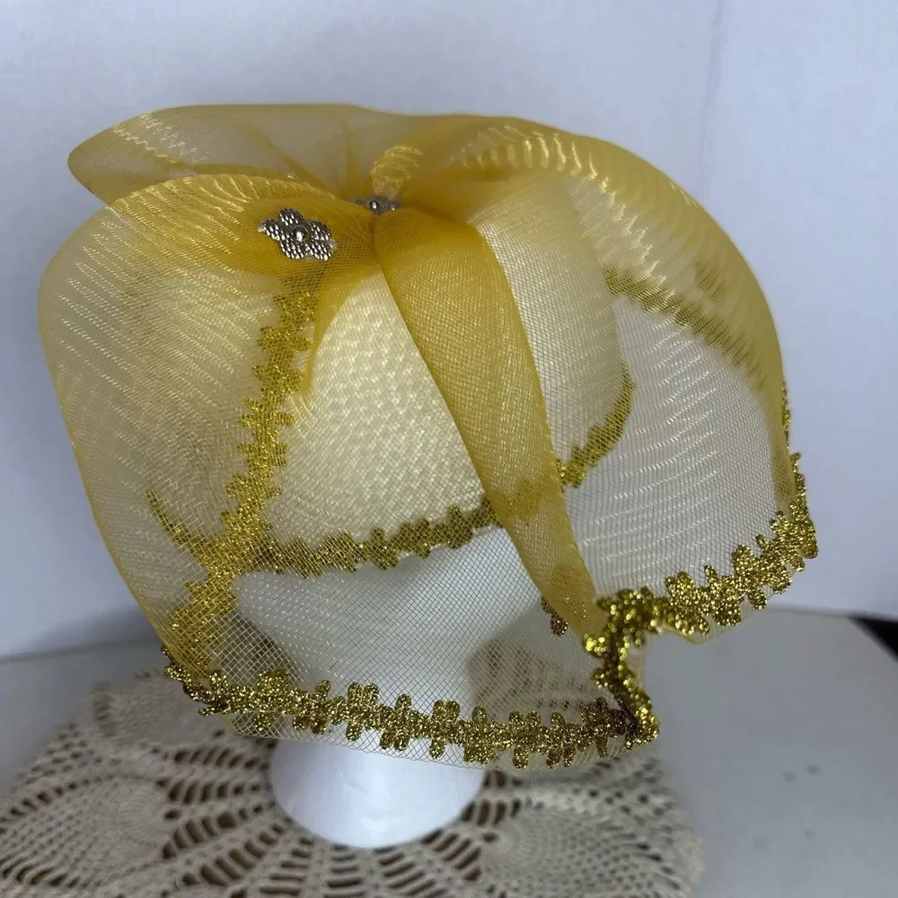 Vintage Arlin Yellow Gold Mesh Easter Sequins Beaded Church Hat